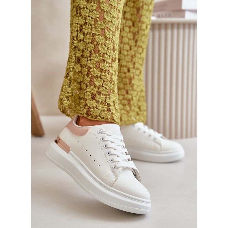 Baskets basses pour femmes sur plateforme en éco-cuir, blanc et rose, Nevelena 2