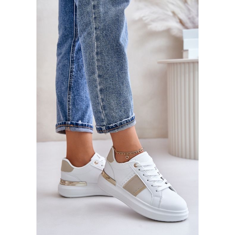 Baskets à plateforme à la mode pour femmes en cuir écologique, beige Nevisase blanc 2
