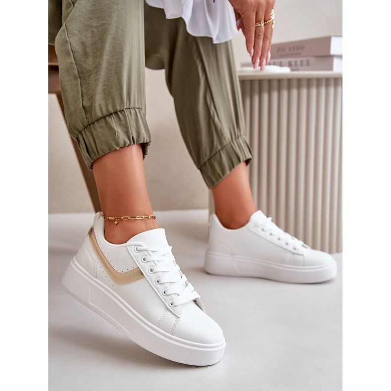 Baskets à plateforme pour femmes en cuir écologique, blanc et or Brennessa blanche 1