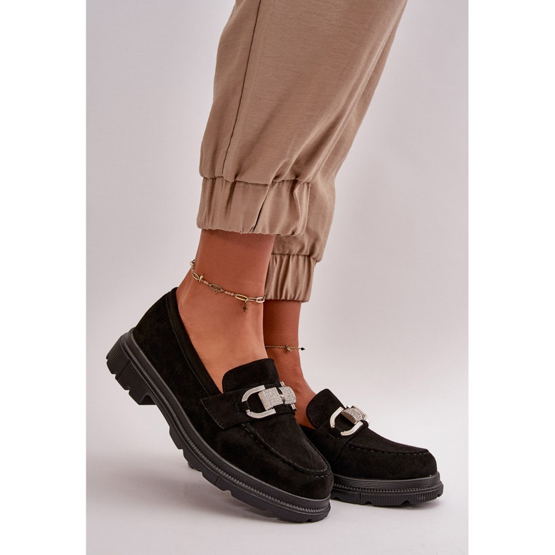 Mocassins pour femmes en suède écologique avec décoration, glycine noire 1