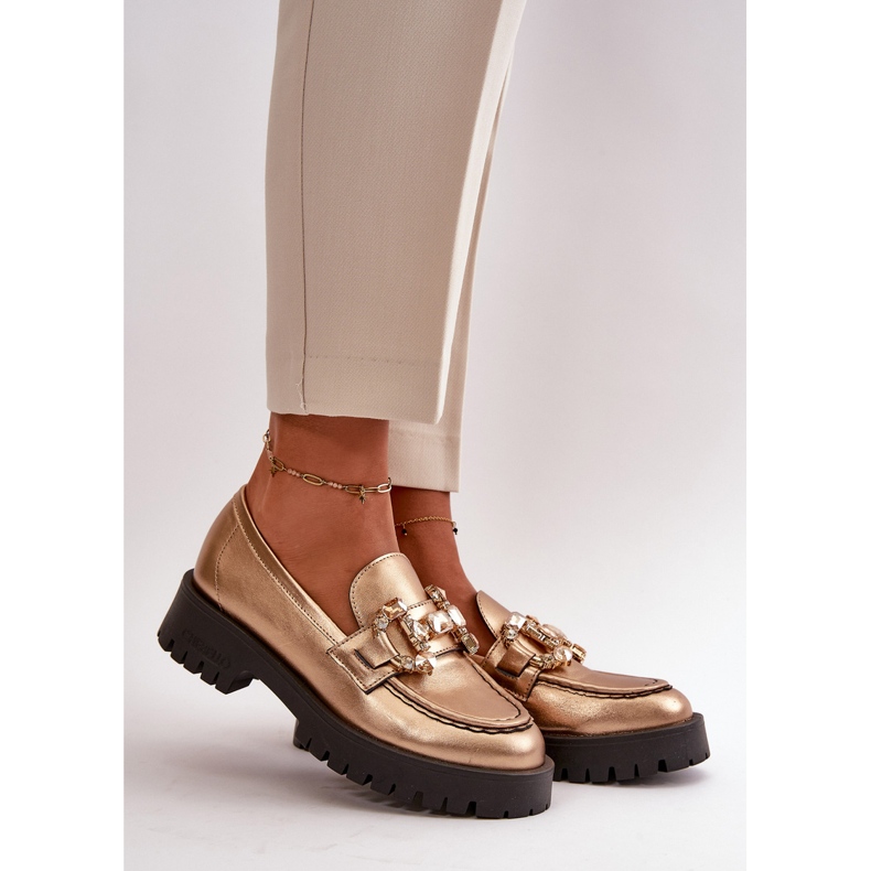 Mocassins En Cuir Pour Femme Avec Décoration CheBello 4369 Or doré 1