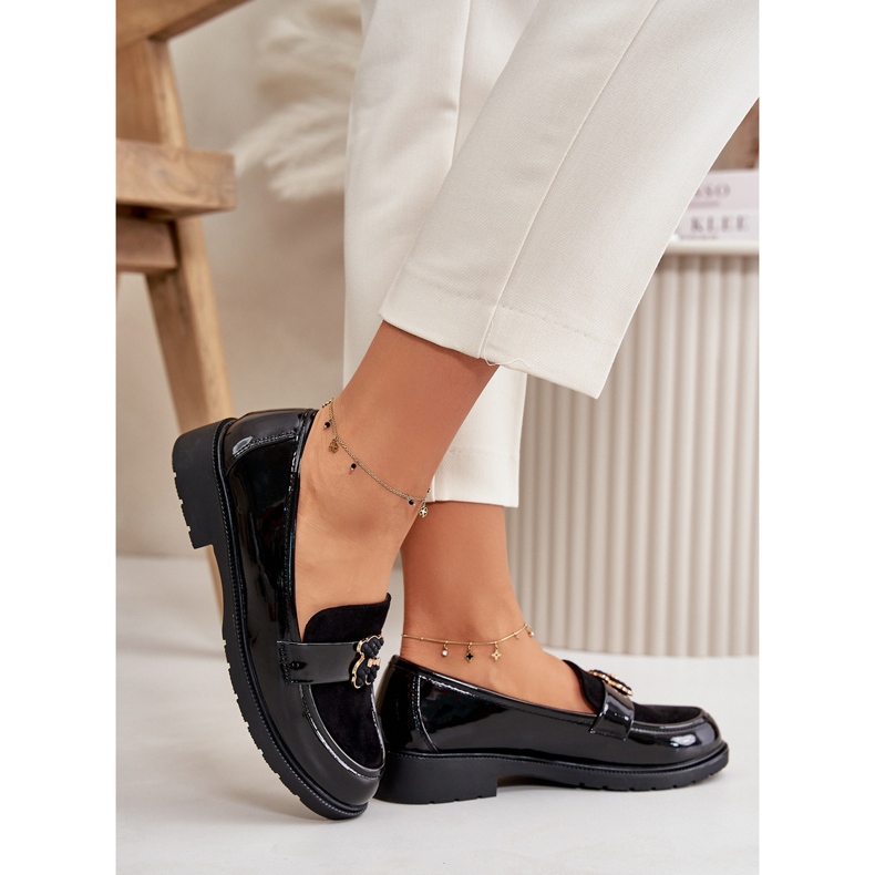 Mocassins Femme En Cuir Verni Avec Ours En Peluche Noir S.Barski HY42-339A 2