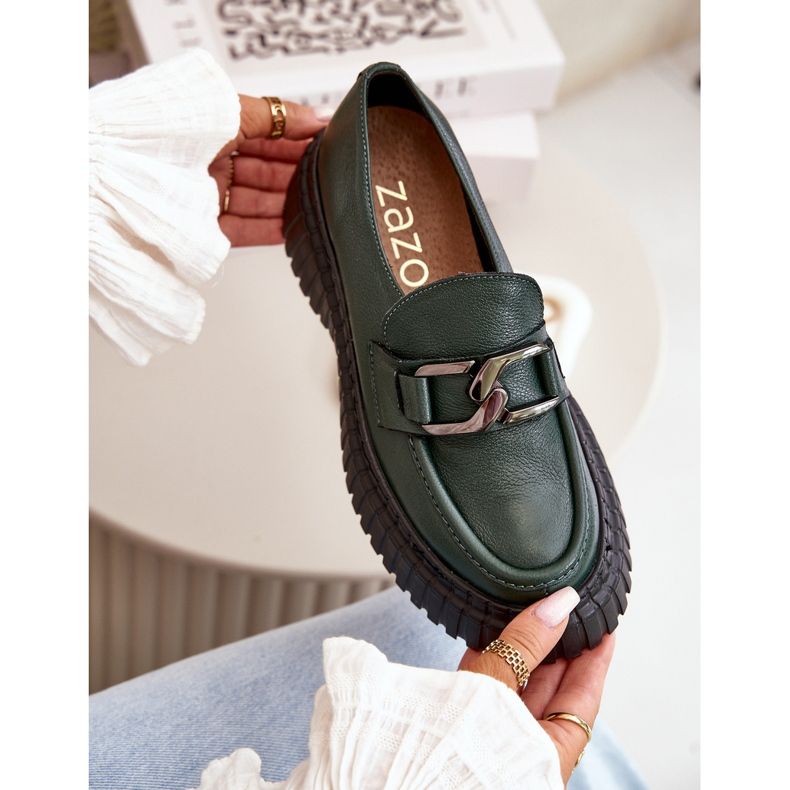 Zazoo 20176 Mocassins Femme, Cuir Naturel, Vert Foncé 2