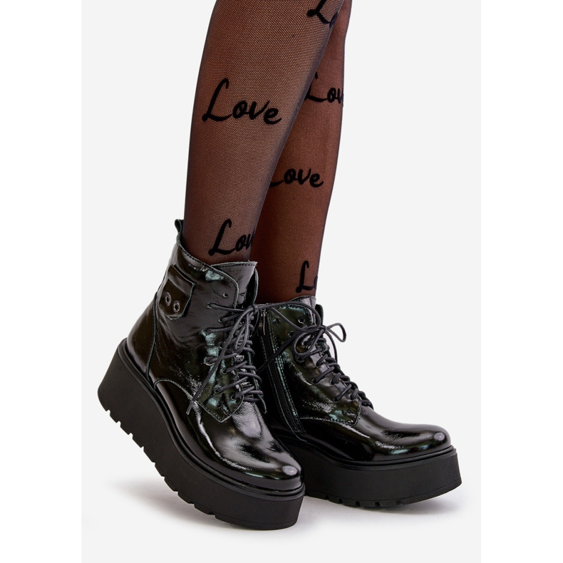 Zazoo 60499 Bottes Femme Vernies Sur Plateforme Et Compensée Cuir Naturel Chaud Vert Foncé le noir 1