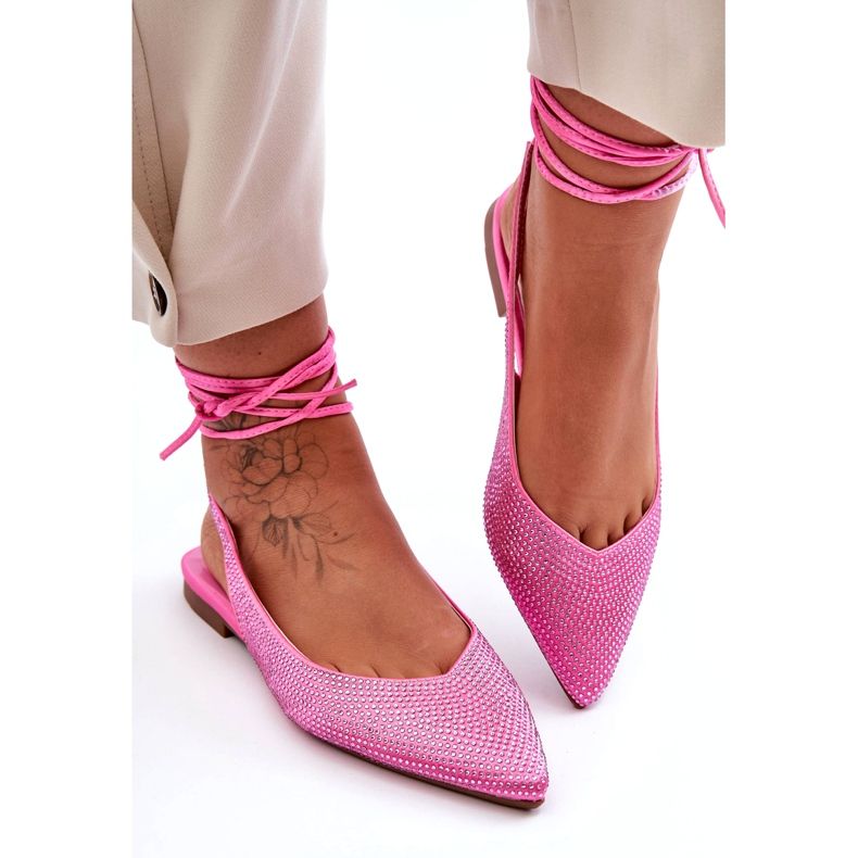 Ballerines de femmes liées décorées de zircons roses 1 Ballerines de femmes liées décorées de zircons roses 1