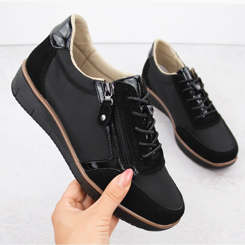 Chaussures compensées en cuir pour femmes, noires, Vinceza 88001 1