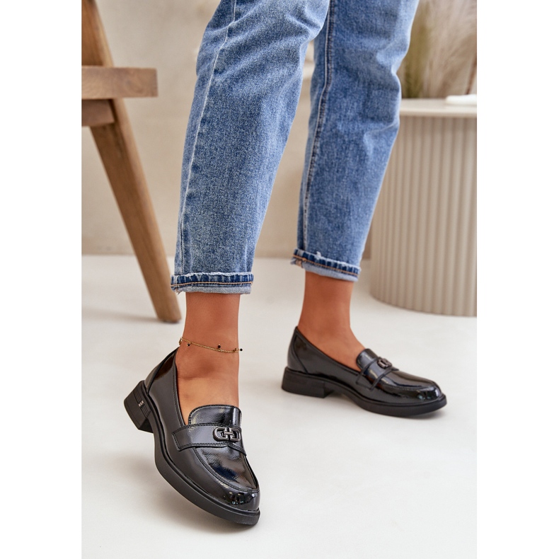 Mocassins en cuir verni pour femmes en cuir naturel, noir Vinceza 58409 2