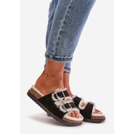 Chaussons Femme Tongs avec Boucles et Fourrure, Noir Ezilena 1