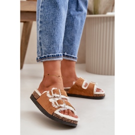 Chaussons Femme Tongs Avec Boucles et Fourrure Camel Ezilena brun 2