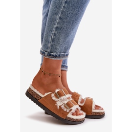 Chaussons Femme Tongs Avec Boucles et Fourrure Camel Ezilena brun 1
