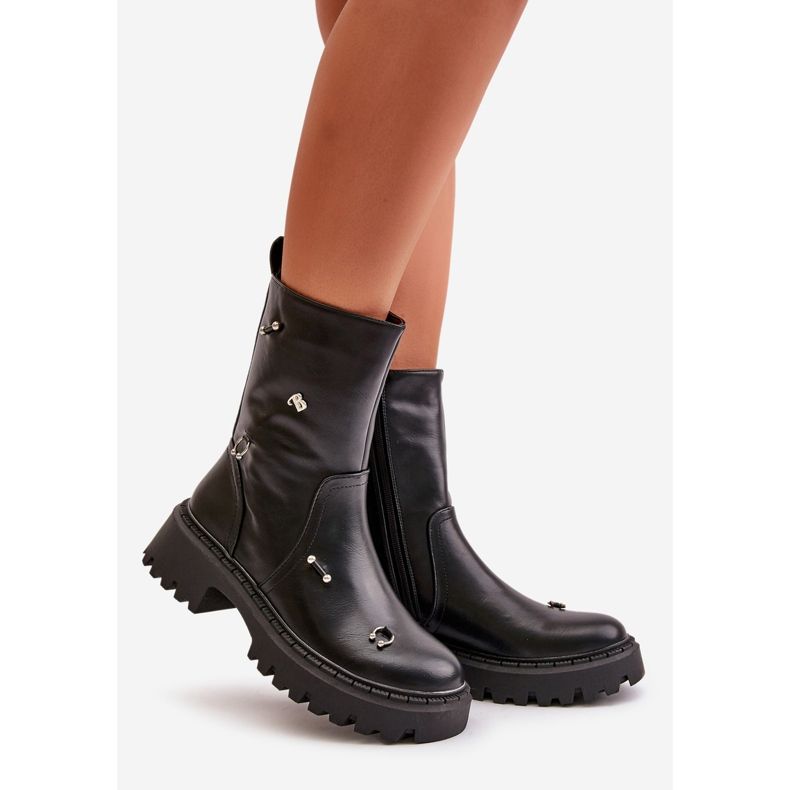 Bottines en cuir écologique pour femmes avec fermeture éclair avec détails décoratifs, noir Reritha le noir 1