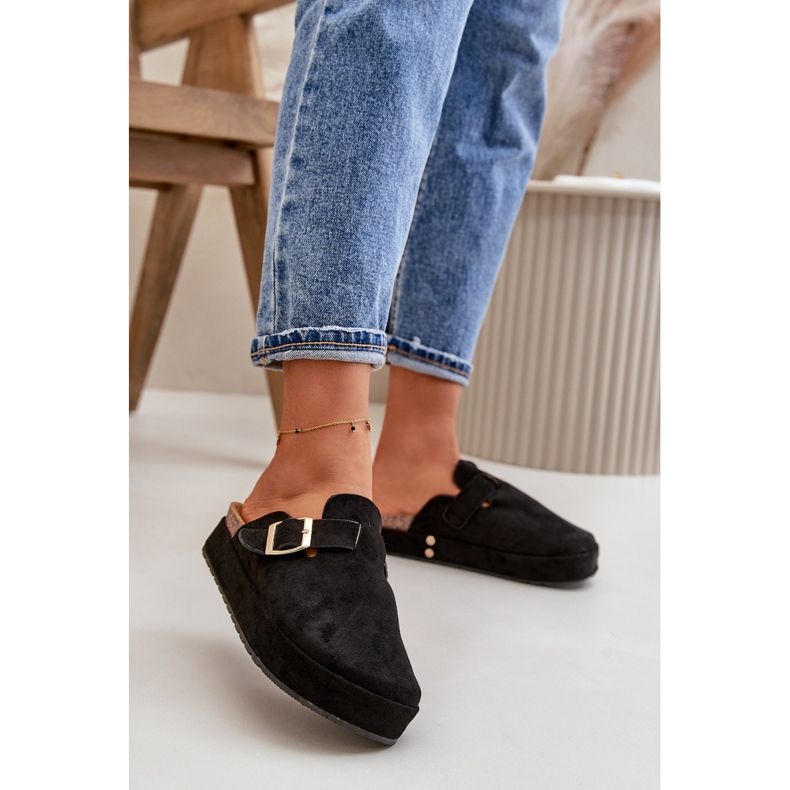 Sabots plateforme pour femme avec boucle dorée, noir Terilaina 2