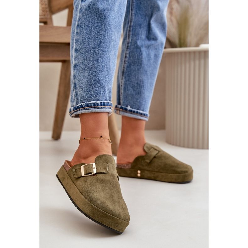 Tongs sabot plateforme pour femmes avec boucle dorée, vert foncé Terilaina 2