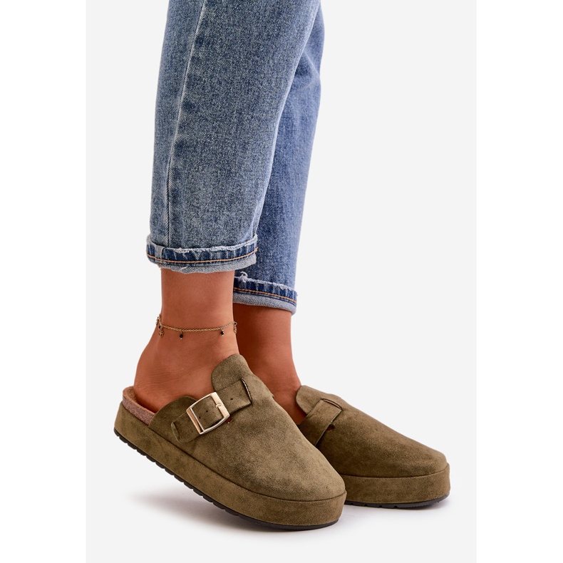 Tongs sabot plateforme pour femmes avec boucle dorée, vert foncé Terilaina 1