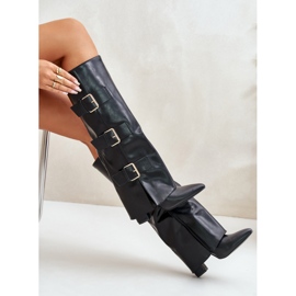Bottines femme isolées à talon, tige retroussée et boucles, Noir Pyregonia 2