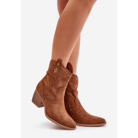 Bottines cowboy à talon haut en éco-daim Camel Narinae brun 1