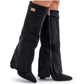 Bottes en daim écologique pour femmes avec talon retroussé, bralise noire le noir 11