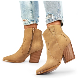 Bottines cowboy classiques en daim pour femme beiges à talon haut 2