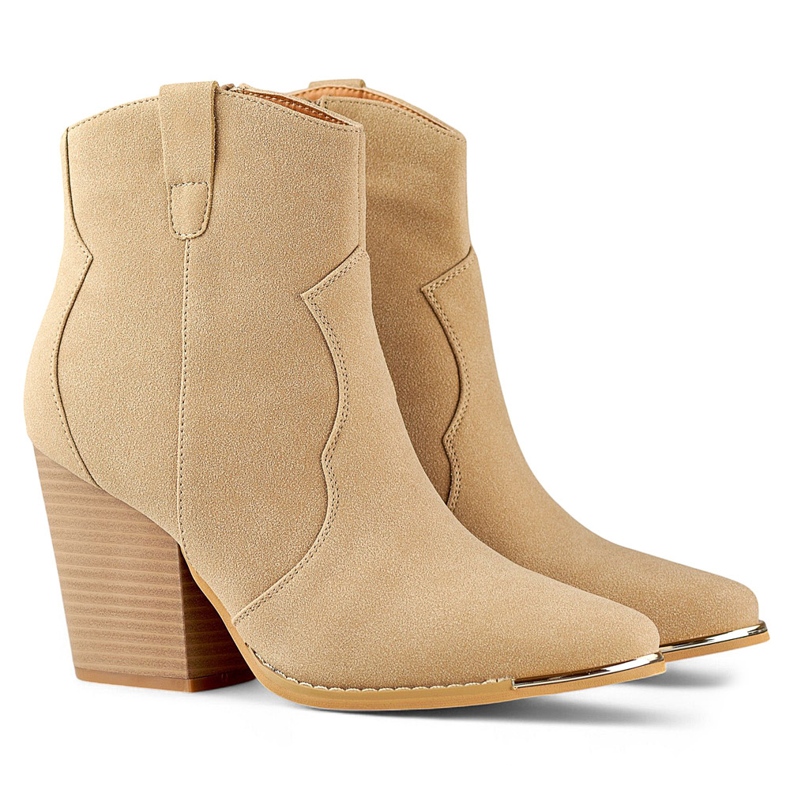 Bottines cowboy classiques en daim pour femme beiges à talon haut 1
