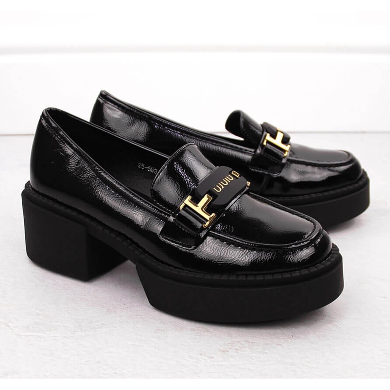 Mocassins à talons hauts en cuir verni pour femme, noir, Vinceza 58313 2