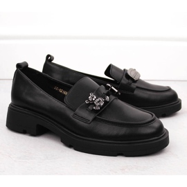 Mocassins femme en cuir avec décoration, noir Vinceza 62183 2