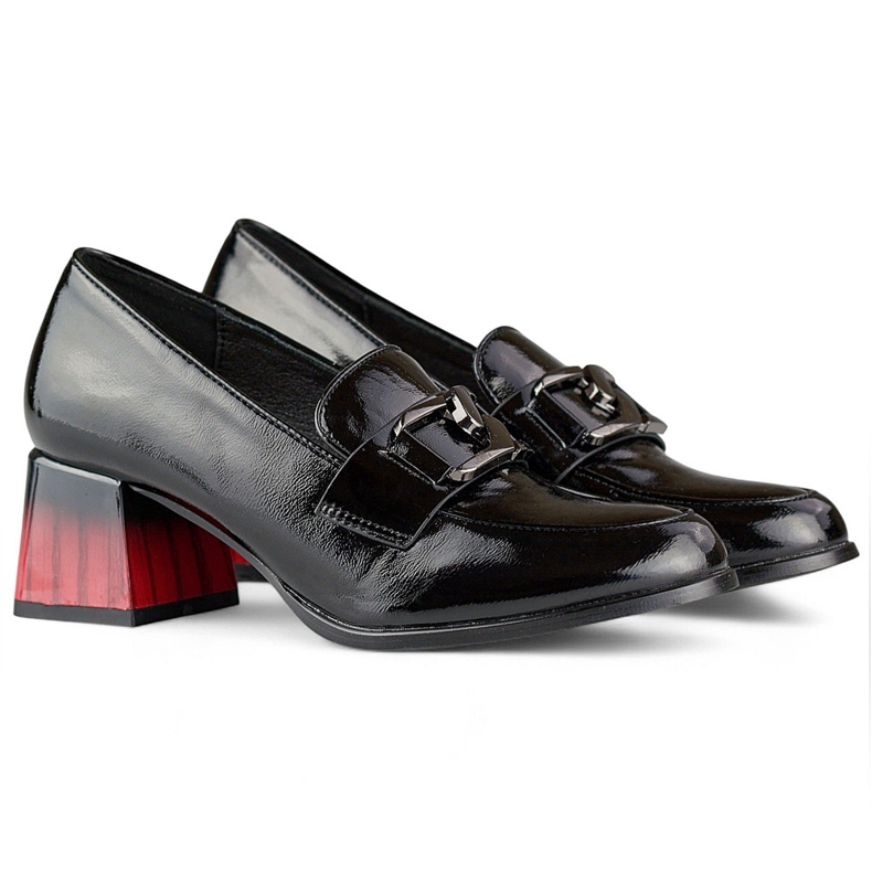 Chaussures femme élégantes noires à talon rouge, escarpins en cuir verni 1