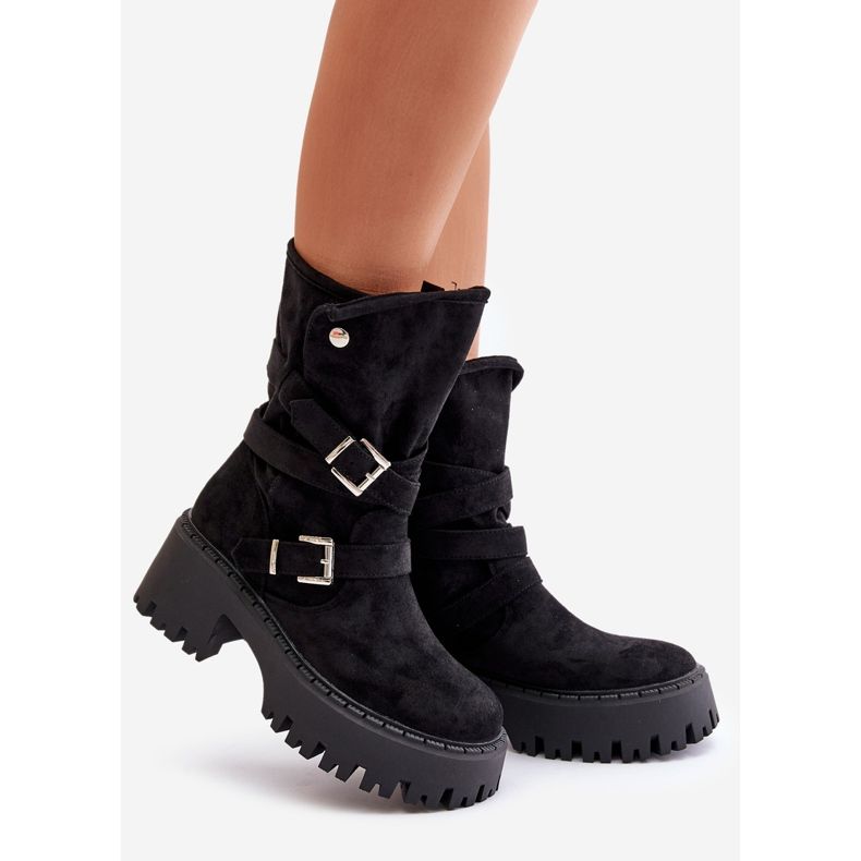 Bottines noires pour femmes sur un talon massif avec boucles et bride Nerelisa 1
