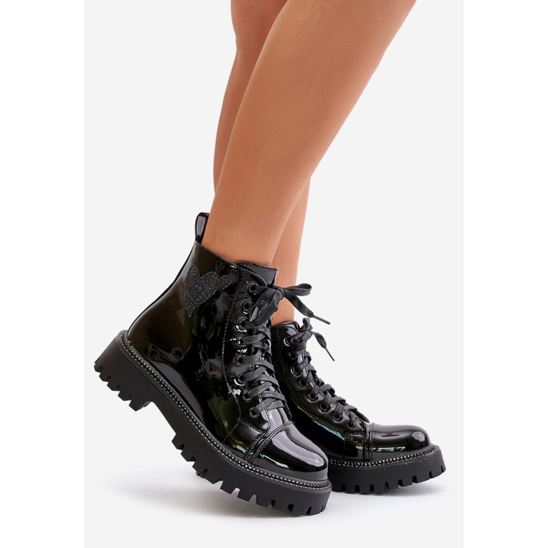Bottines femme en cuir verni avec fermeture éclair et cœur décoratif, noir Obeena 1