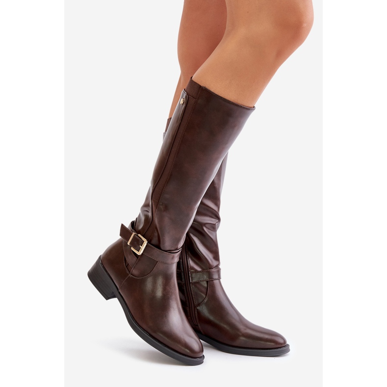 Bottes isolées à talons plats pour femmes avec boucle dorée marron Arsisna brun 1