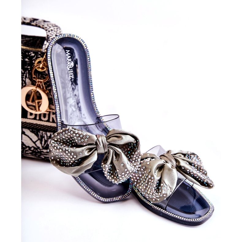 Les tongs en caoutchouc des femmes avec un arc et des zircons gris noir 1