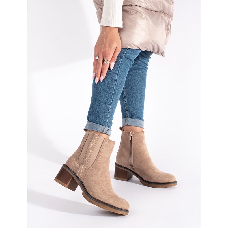 Seastar Bottines Chelsea en daim beige à talon haut 1