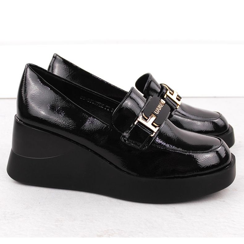 Chaussures compensées en cuir pour femmes, noires, Vinceza 58337 le noir 2 Chaussures compensées en cuir pour femmes, noires, Vinceza 58337 le noir 2