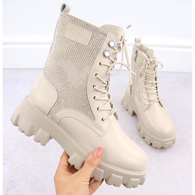 Bottines femme en cuir avec strass, beige Goe OO2N4108 1