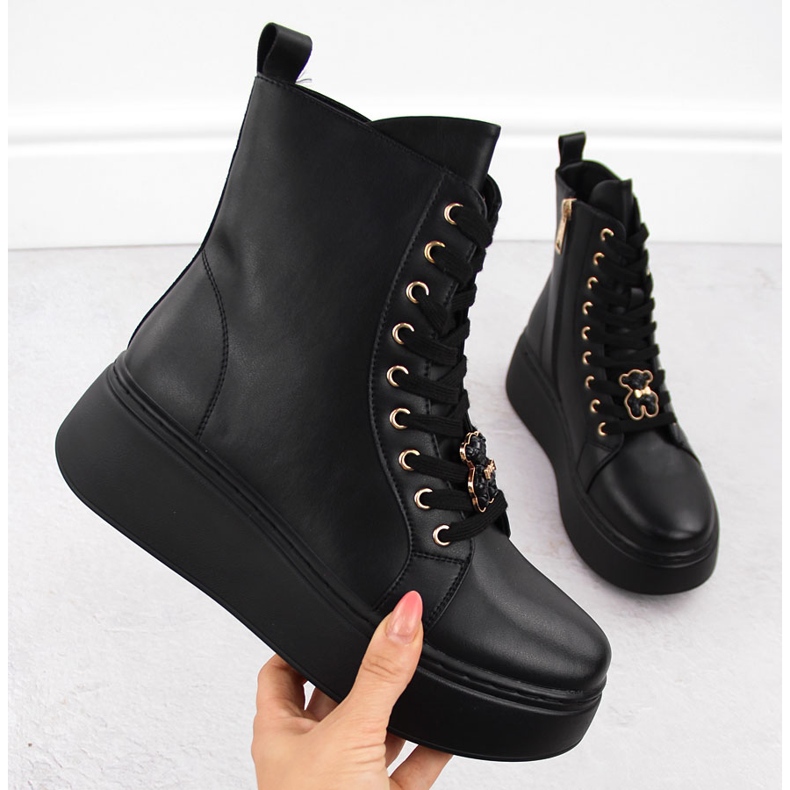 Bottines plateforme en cuir avec ours en peluche, noir Vinceza 66701 1