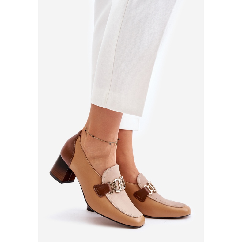 Escarpins à talons hauts en cuir avec décoration dorée Laura Messi 2861 Marron brun 1