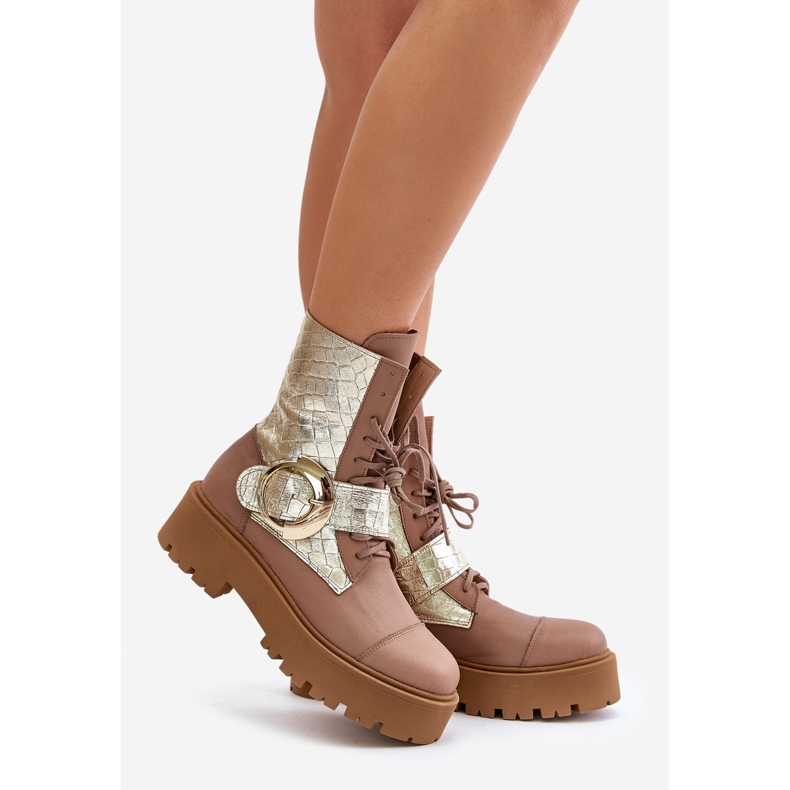 Zazoo 2942 Bottines de travail en cuir avec boucle dorée, beige 1