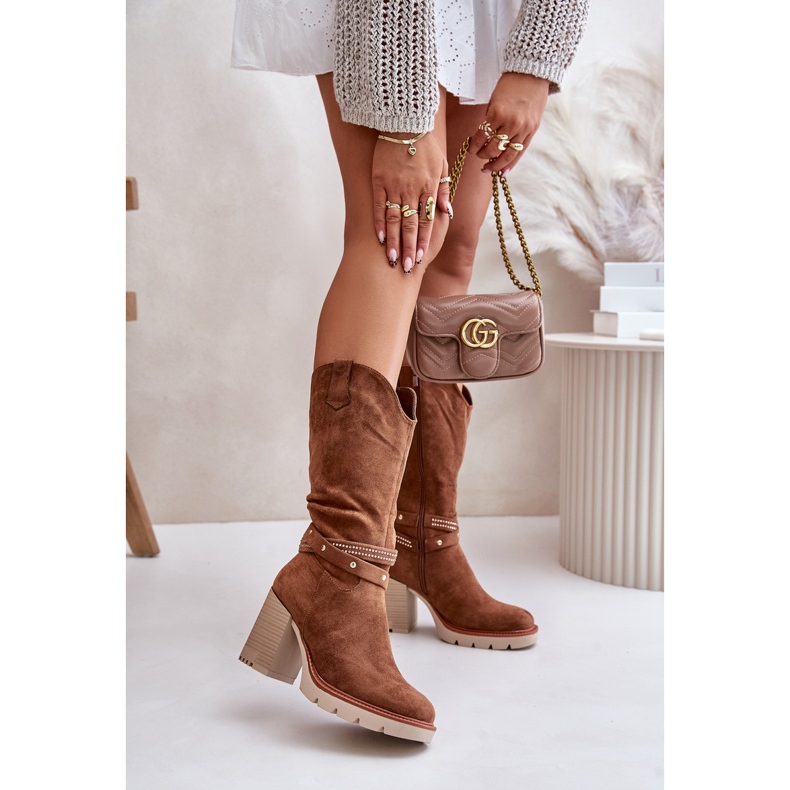 Jezzi Bottes Camel Chaudes À Talons Hauts Mi-mollet Pour Femme Ivanelis brun 2