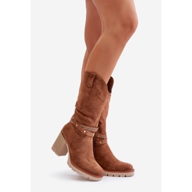 Jezzi Bottes Camel Chaudes À Talons Hauts Mi-mollet Pour Femme Ivanelis brun 1