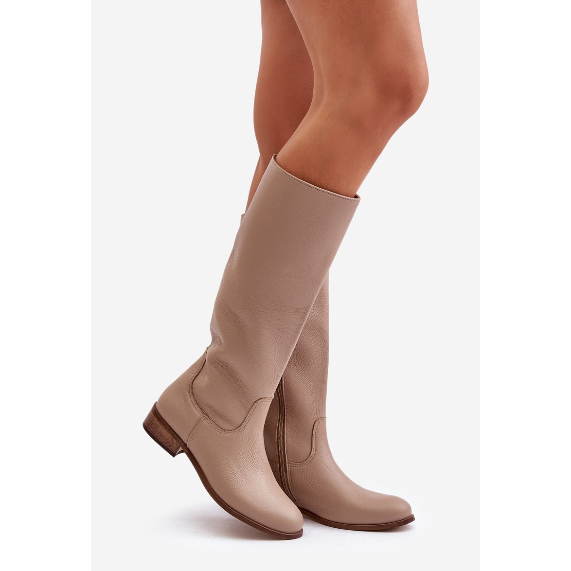 Lewski Bottes mi mollet en cuir pour femmes avec fermeture eclair gauche 3616 Beige
