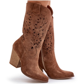 Bottines Mi-Mollet Ajourées sur Talon Haut Daim Lewski 3609 Marron brun 9