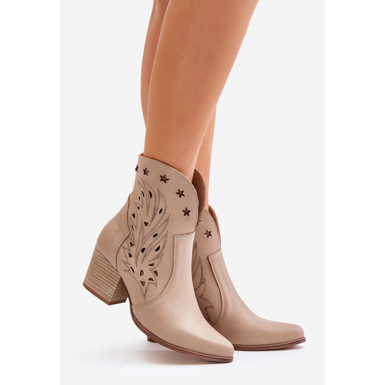 Santiags En Cuir Ajouré Sur Talon Haut Lewski 3613 Beige 1