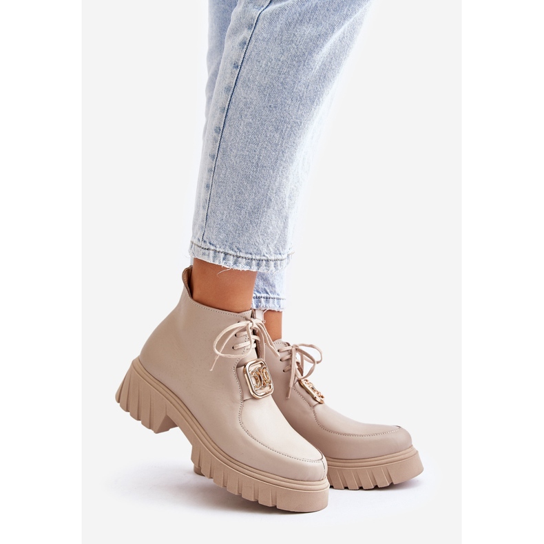 Zazoo 2952 Bottines en cuir beige avec décoration dorée 1