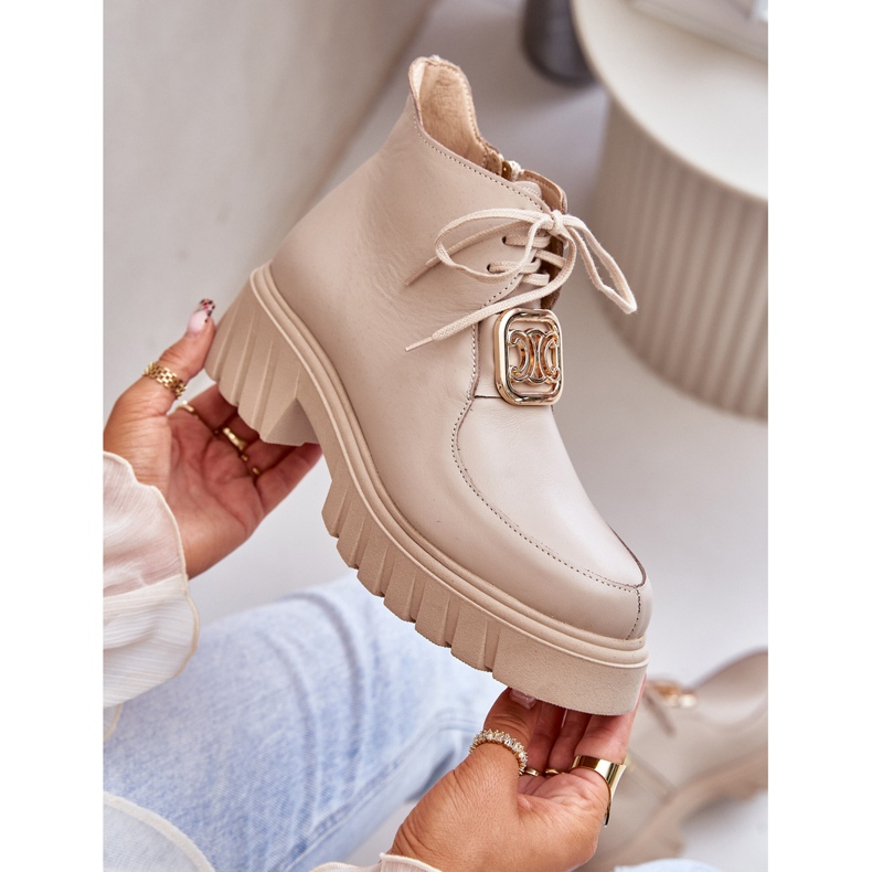Zazoo 2952 Bottines en cuir beige avec décoration dorée 2