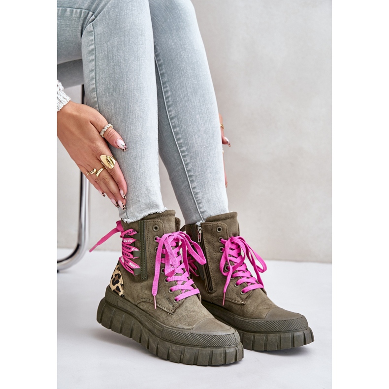 Bottes Femme Sur Plateforme Avec Laçage Décoratif, Vert Léopard Edidda 2