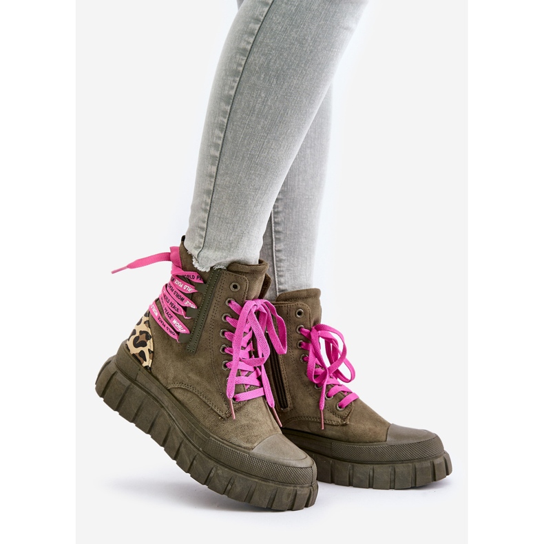 Bottes Femme Sur Plateforme Avec Laçage Décoratif, Vert Léopard Edidda 1