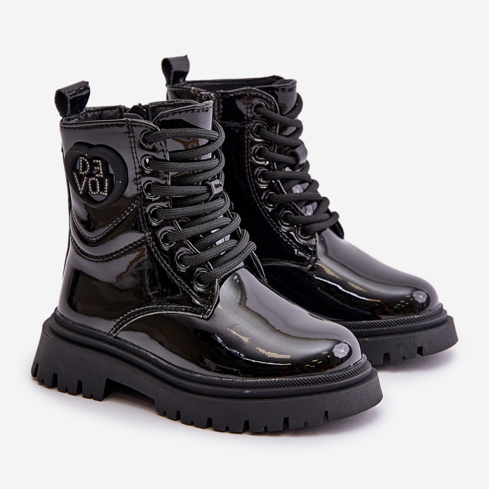 Bottes fille en cuir verni avec doublure en fourrure et fermeture éclair, noir Evaliraea 1