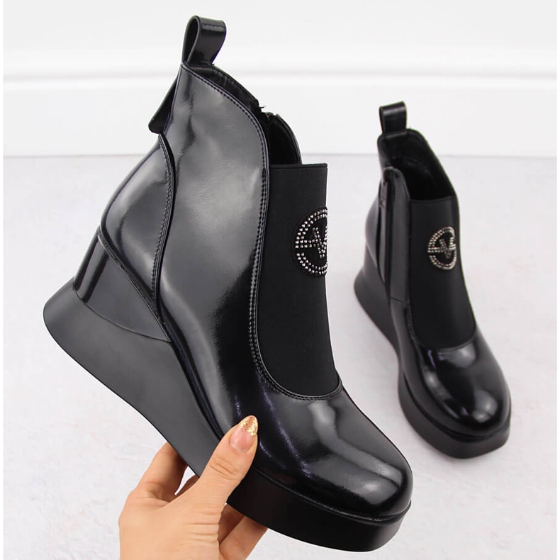 Bottines compensées en cuir pour femme, noires, Vinceza 66703 le noir 1