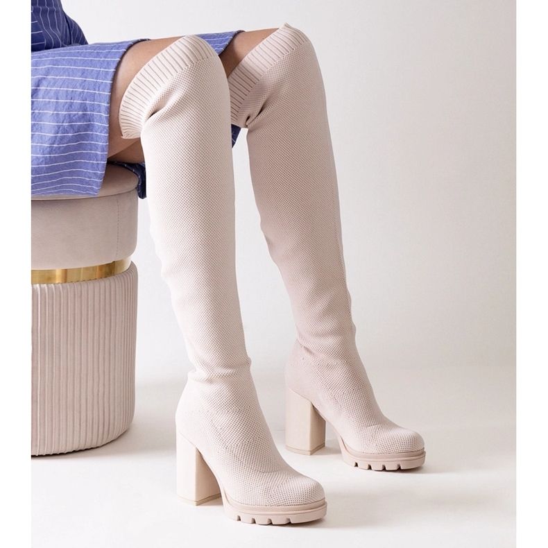 Bottines à enfiler longues à talons hauts Lija beiges 1