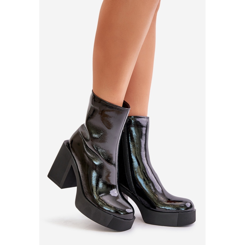 S.Barski Bottes pour femmes en cuir verni sur un talon haut massif isolées D&amp;A CR42-189 Noir 1