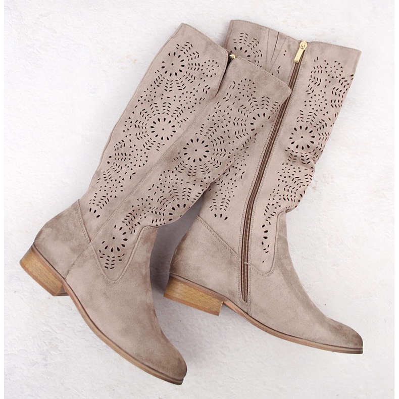 Bottines ajourées isolées en daim pour femme kaki Potocki 12522 beige 1